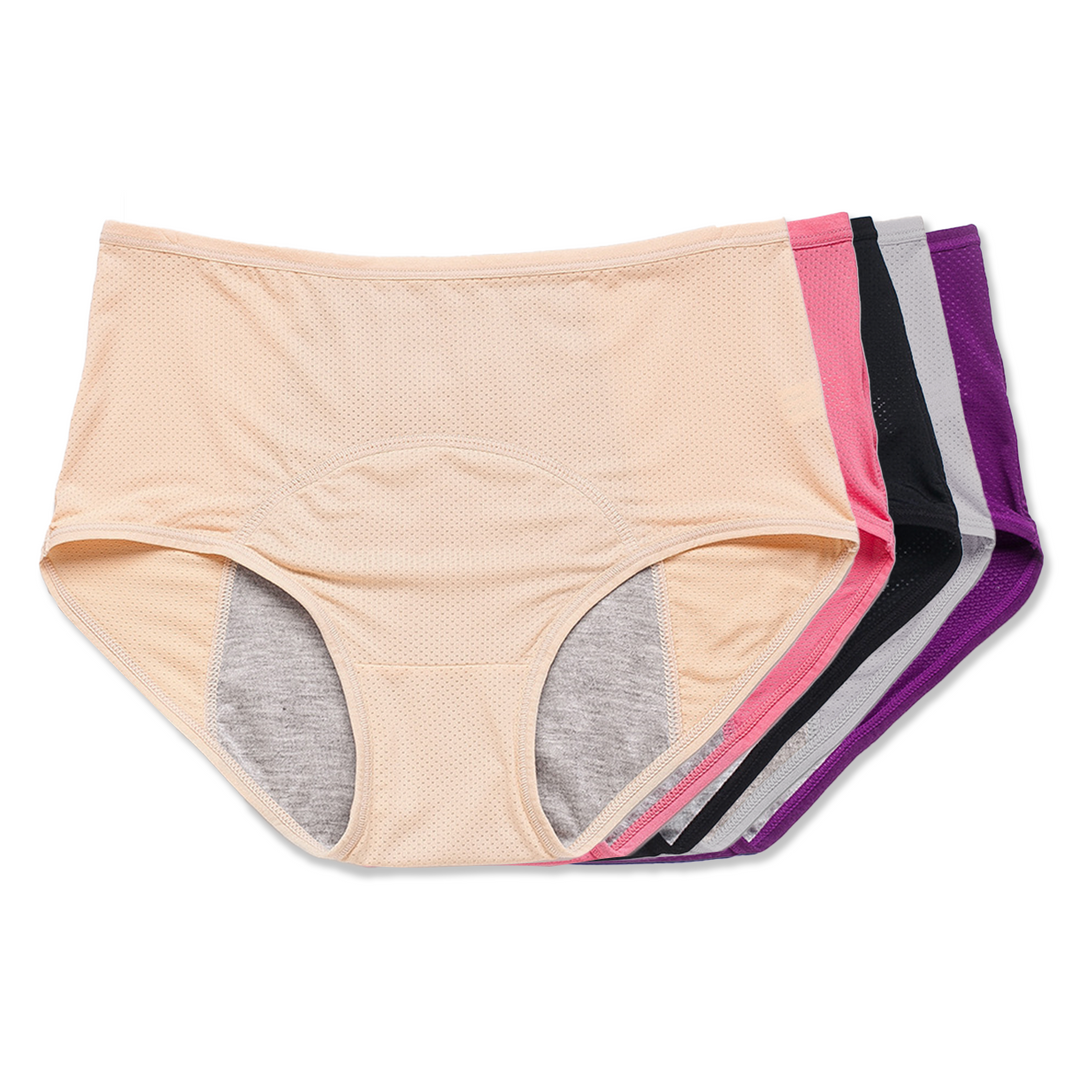 Five pairs of women's underwear in various colors arranged neatly.
